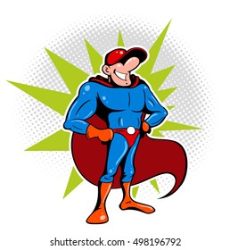 Cartoon style delivering boy. Comic book style delivering boy like a superhero, vector cartoon character
