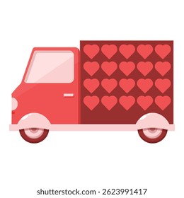 Cartoon style delivery truck transporting many hearts for valentine's day