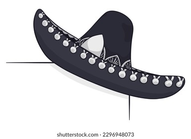 Cartoon style design with black mariachi hat with silver ornaments on white background.