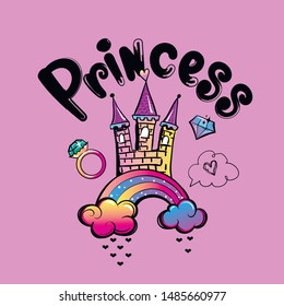 Cartoon style design with castle on rainbow, clouds, text Pretty girl, diamond, heart, cone ice cream, crown, bow. Girlish t shirt design. Fairytale poster.