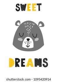 Cartoon style design element for nursery «sweet dreams» with lettering elements. Vector illustration. Can be used print for t-shirts, home decor, cards, posters for baby room or bedroom. 