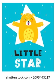 Cartoon style design element for nursery «little star» with lettering elements. Vector illustration. Can be used print for t-shirts, home decor, cards, posters for baby room or bedroom. 