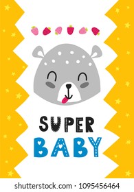 Cartoon style design element for nursery «super baby» with lettering elements. Vector illustration. Can be used print for t-shirts, home decor, cards, posters for baby room or bedroom. 