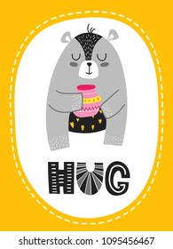 Cartoon style design element for nursery «hug» with lettering elements. Vector illustration. Can be used print for t-shirts, home decor, cards, posters for baby room or bedroom. 