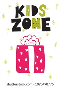 Cartoon style design element for nursery «kids zone» with lettering elements. Vector illustration. Can be used print for t-shirts, home decor, cards, posters for baby room or bedroom. 