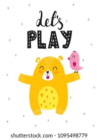 Cartoon style design element for nursery «let’s play» with lettering elements. Vector illustration. Can be used print for t-shirts, home decor, cards, posters for baby room or bedroom. 