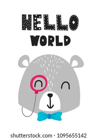 Cartoon style design element for nursery «hello world» with lettering elements. Vector illustration. Can be used print for t-shirts, home decor, cards, posters for baby room or bedroom. 