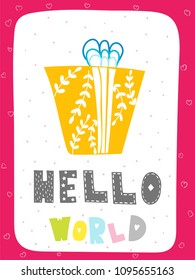 Cartoon style design element for nursery «hello world» with lettering elements. Vector illustration. Can be used print for t-shirts, home decor, cards, posters for baby room or bedroom. 