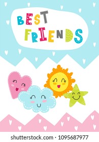 Cartoon style design element for nursery «best friends» with lettering elements. Vector illustration. Can be used print for t-shirts, home decor, cards, posters for baby room or bedroom. 