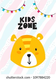 Cartoon style design element for nursery «kids zone» with lettering elements. Vector illustration. Can be used print for t-shirts, home decor, cards, posters for baby room or bedroom. 