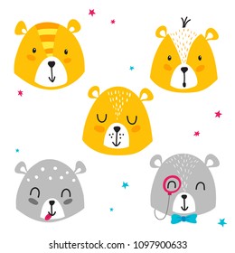 Cartoon style design elements for nursery with bears heads. Vector illustration. Can be used print for t-shirts, home decor, cards, posters for baby room or bedroom