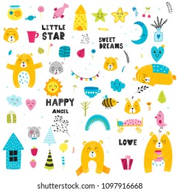 Cartoon style design elements for nursery with lettering elements. Vector illustration. Can be used print for t-shirts, home decor, cards, posters for baby room or bedroom. 