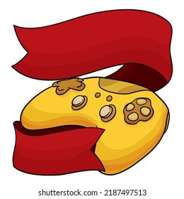 Cartoon style design of golden video game controller like a trophy, decorated with long red ribbons.