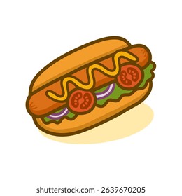 Cartoon Style Detailed Hotdog with Toppings Delicious Culinary Food Illustration