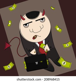 Cartoon style devil in suit with suitcase full of money 
