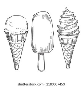 cartoon style differet type ice cream bar sweet summer food on stick lolly set isolated black and white drawing on white background