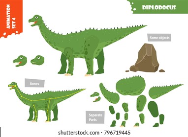 Cartoon Style Dinosaur Diplodocus Character For Animation Set. Vector Illustration