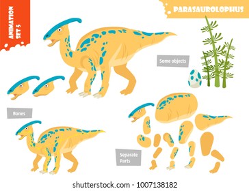 Cartoon Style Dinosaur Parasaurolophus Character For Animation Set. Vector Illustration