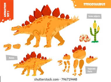 Cartoon Style Dinosaur Stegosaurus Character For Animation Set. Vector Illustration