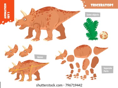 Cartoon Style Dinosaur Triceratops Character For Animation Set. Vector Illustration