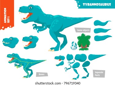 Cartoon Style Dinosaur Tyrannosaurus Character For Animation Set. Vector Illustration