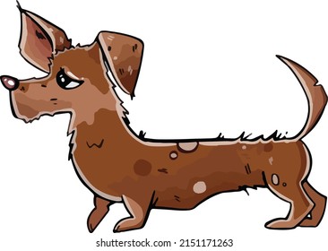 Cartoon style. The dog is standing sideways, the puppy is a cute brown dachshund. vector illustration