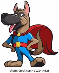 Cartoon style dog as super hero, dog cartoon character with blue clothing and red cloak.
