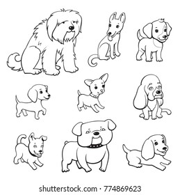 Cartoon style dogs set. Adult dogs and puppies of different breeds. Monochrome illustration for perfect card or any kind of design. Isolated on white background