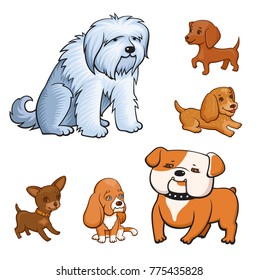 Cartoon style dogs set. Adult dogs and puppies of different breeds. Colorful illustration for perfect card or any kind of design. Isolated on white background