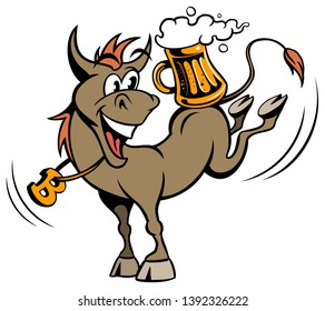 Cartoon style donkey, cartoon animal character with the beer mug, isolated on white background.