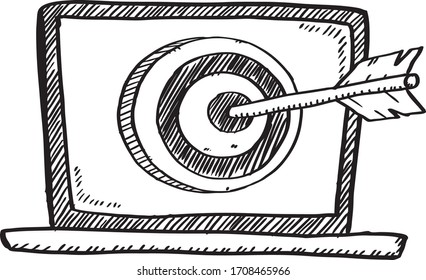 Cartoon style doodle of arrow in goal ring on screen. Hand drawn doodle vector illustration. Isolated object on transparent background.
