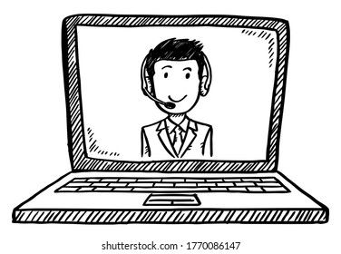 Cartoon style doodle of customer service worker showing on notebook screen.
Hand drawn doodle vector illustration. Isolated object on transparent background.