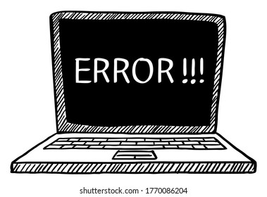 Cartoon style doodle of error showing on laptop screen. Hand drawn doodle vector illustration. Isolated object on transparent background.