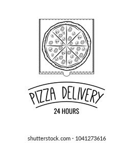 Cartoon style doodle Hot pizza in the box. Pizza delivery. Vector illustration. . Fast food delivery company. Fresh pizza with ingredients symbol.