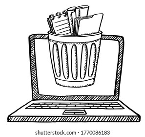 Cartoon style doodle  illustration of digital rubbish bin for files and data on laptop screen. Hand drawn doodle vector illustration. Isolated object on transparent background.