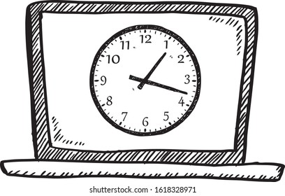 Cartoon style doodle of notebook with clock. Sketch style vector illustration.