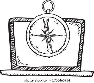 Cartoon style doodle of notebook with compass on screen. Hand drawn doodle vector illustration. Isolated object on transparent background.