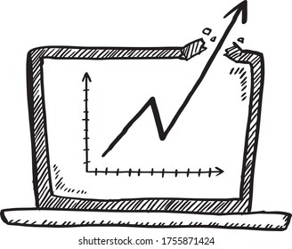 Cartoon style doodle of notebook with data graph popping out of the monitor. 
Hand drawn doodle vector illustration.

