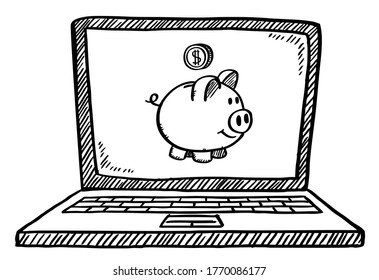 Cartoon style doodle of notebook with dollar coin falling into piggy bank. Hand drawn vector illustration. Isolated object on transparent background.