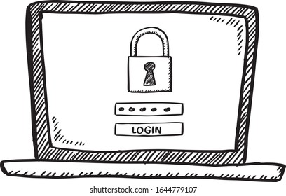 Cartoon Style Doodle Of Notebook With Login To Secure Account On Screen. Hand Drawn Doodle Vector Illustration.