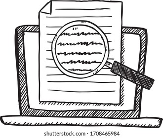 Cartoon style doodle of notebook with note file on screen and magnifying glass. Hand drawn vector illustration.