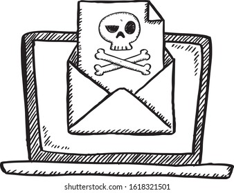 Cartoon style doodle of notebook with opened virus email. Hand drawn doodle vector illustration