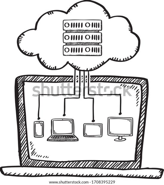 Cartoon style doodle of notebook,\
smartphone, tablet, television connected by cloud\
server