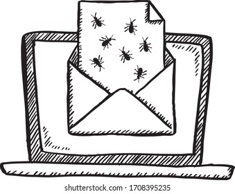 Cartoon style doodle of notebook with virus infected email. Hand drawn doodle vector illustration. Isolated object on transparent background.