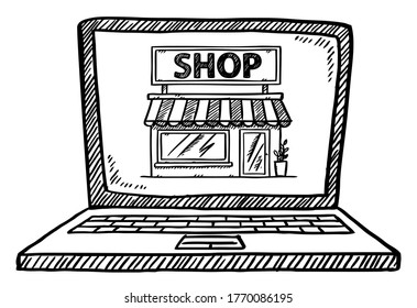 Cartoon style doodle of online shop on laptop screen. Hand drawn doodle vector illustration. Isolated object on transparent background.