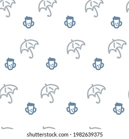 Cartoon style doodle seamless pattern umbrellas and baby mugs. Hand drawn vector illustration. Perfect for scrapbooking, textile and prints.
