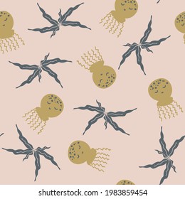 Cartoon style doodle seamless pattern of cute jellyfish and seaweed. Hand drawn vector illustration. Perfect for scrapbooking, textile and prints.
