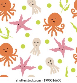 Cartoon style doodle seamless vector summer pattern of underwater octopuses and starfish. Hand drawn illustration. Perfect for scrapbooking, textile and prints.
