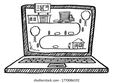 Cartoon style doodle of shipment tracking on laptop screen. Hand drawn doodle vector illustration. Isolated object on transparent background.