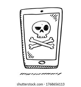 Cartoon style doodle of smartphone with virus infection. Hand drawn doodle vector illustration on white background.